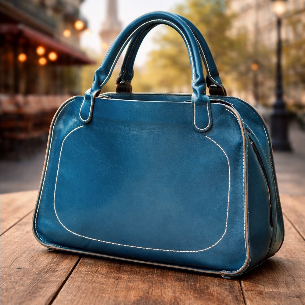French Artisan Handcrafted Leather Satchel Turquoise Blue Top Handle Bag - Picture 8 of 12